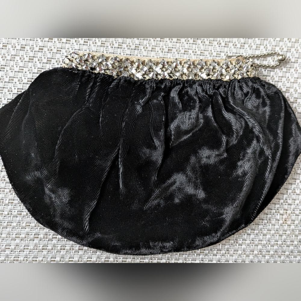 Antique Black Velvet Zippered Evening Clutch with Rhinestone Trim